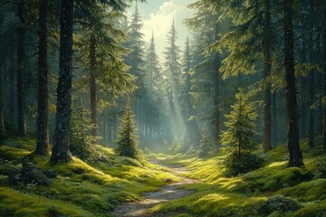 Obraz premium Tranquil Serene Forest Scene with Sunlight and Winding Path in European Coniferous Landscape