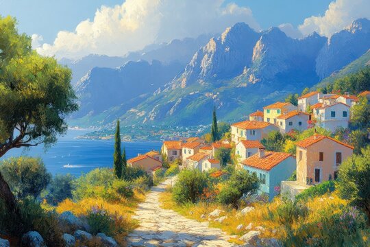 Sicily Landscape Sunrise in Cesaro with Colorful Houses and Mt. Etna