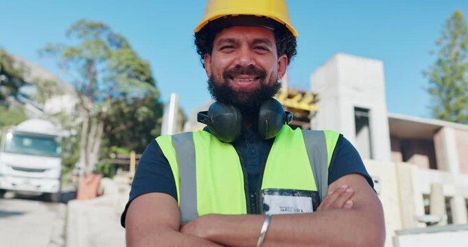 Crossed arms, smile and face of construction worker on site for maintenance, repairs or building. Portrait, infrastructure and happy man industrial civil engineer with project development in Colombia