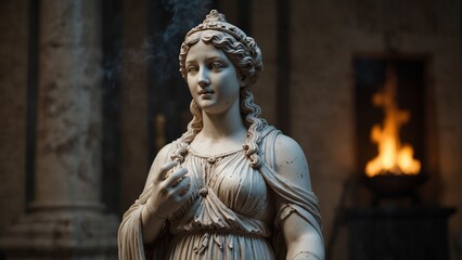 Fototapeta premium A statue of Hestia, holding a burning hearth, representing home and protection