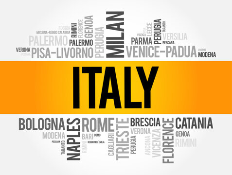 Italy - refers to a country located in Southern Europe, known for its rich history, culture, art, and cuisine, text concept word cloud