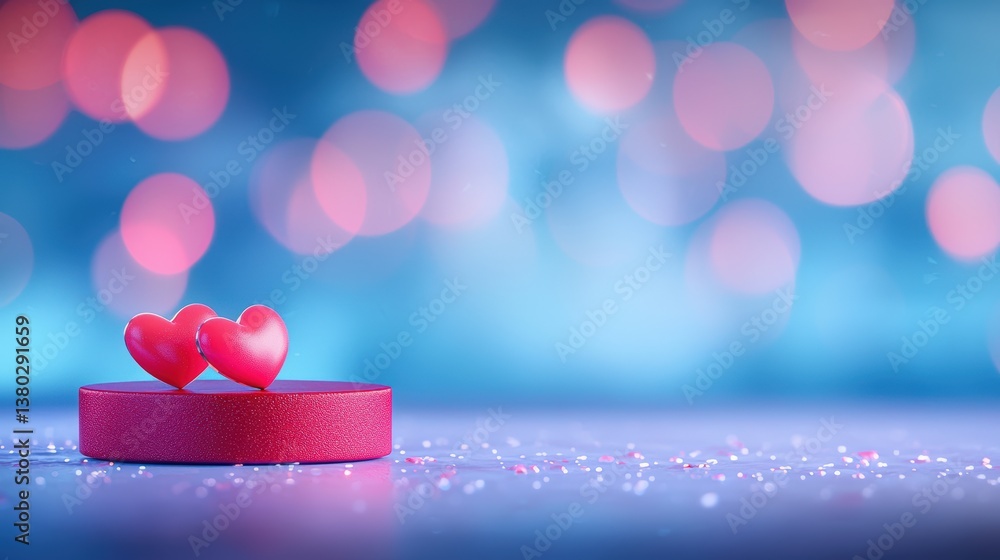 Poster two red heart shapes on a shimmering surface, surrounded by colorful bokeh lights, creating a romant