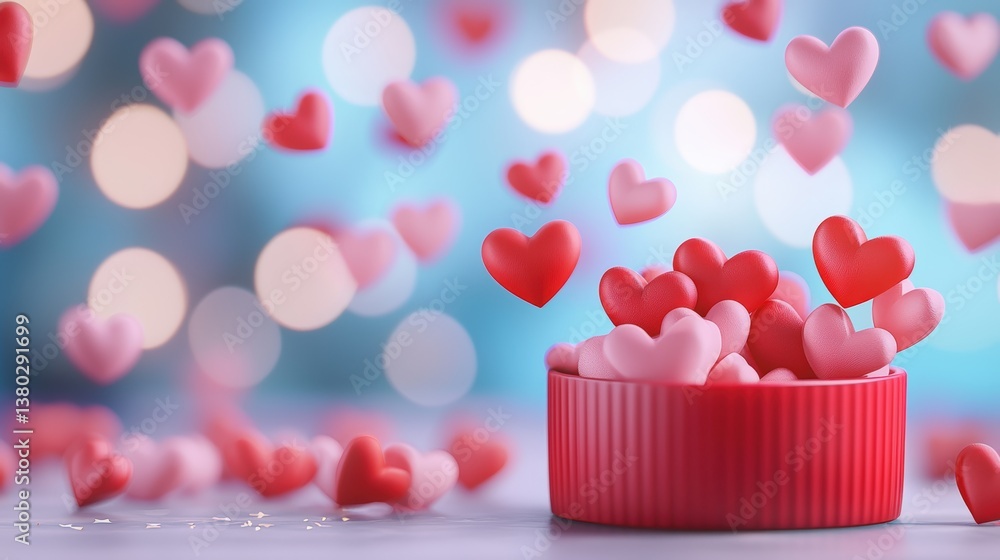Poster a vibrant display of floating hearts in various shades, cascading around a red bowl filled with more