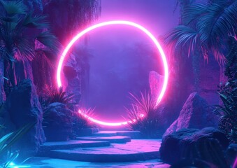 Fototapeta premium Neon Portal in Tropical Foliage Digital Art Abstract Scene for Product Presentation