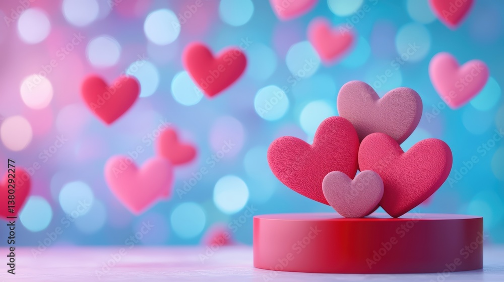 Poster a vibrant display of colorful hearts against a soft bokeh background, symbolizing love and affection