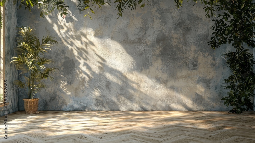 Poster natural light pours into a spacious room adorned with textured walls and subtle shadows, enhancing t