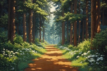 Obraz premium Cedar Tree Pathway in Serene Forest near Togakushi Shrine Nagano Japan