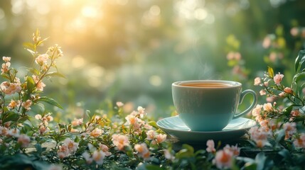 Steaming drink, light teal cup/saucer, soft pink flowers, leafy background, gentle light