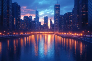 Fototapeta premium Chicago Skyline at Blue Hour Over the River with Vibrant Reflections
