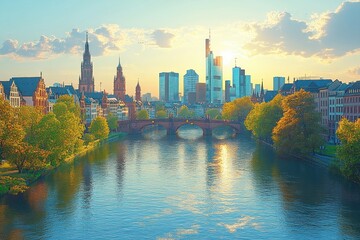 Obraz premium Skyscrapers and European Architecture along the Main River in Frankfurt Germany