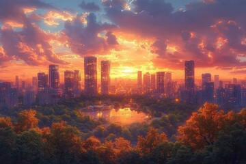 Fototapeta premium Downtown Omaha Cityscape at Sunset with Modern Skyscrapers and Golden Hour Lighting
