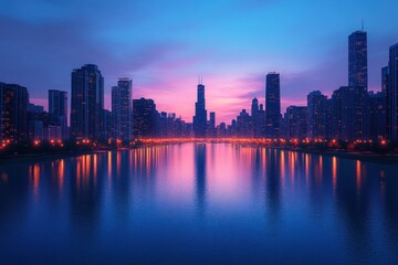 Obraz premium Chicago Cityscape at Blue Hour Over the River with Skyscrapers and Glowing Lights