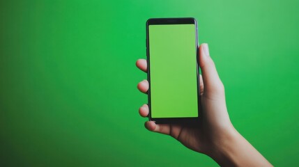 A hand holding a phone with a bright green screen, clean and simple, ideal for use in mockup and AI-generated advertisements,A close-up of a hand holding a smartphone with a green screen, perfect for 