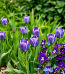 Vibrant blue-purple tulips & violets bloom against lush green foliage, tulips, spring