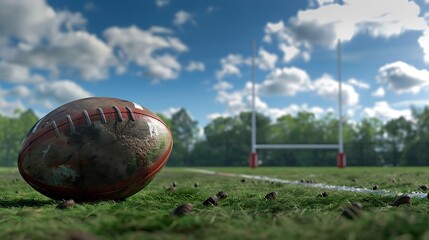 	A modern rugby ball with a textured surface, shown on a rugby field with goalposts and a grassy pitch