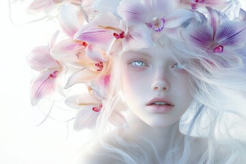 Naklejka premium A ethereal woman with flowing white hair adorned with delicate pink orchids, a captivating portrait of beauty and grace.