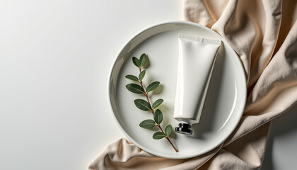 Hand cream tube mockup. White hand cream tube mockup on ceramic plate with eucalyptus leaf and towel