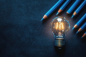 Studying Ideas with Glowing Light Bulb and Blue Pencils for Education and Business Learning at Home