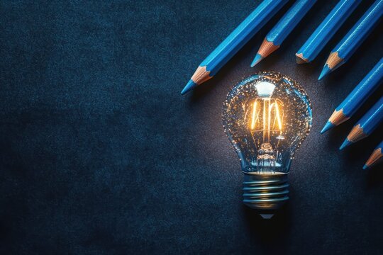 Studying Ideas with Glowing Light Bulb and Blue Pencils for Education and Business Learning at Home