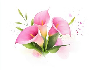 A delicate watercolor illustration of three pink calla lilies, surrounded by green leaves and soft splashes of color.