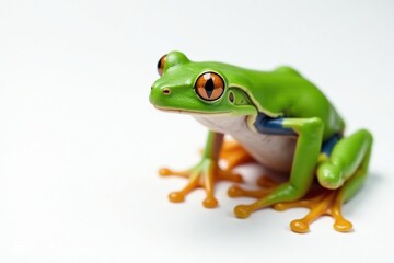 Obraz premium Green tree frog perched on white, vibrant skin, nature, wildlife, exotic animal