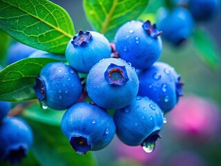 Fresh Organic Blueberries on the Bush: Close-Up Macro Photography