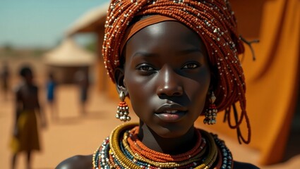 Striking visual of an african woman in a beautiful headdress captured in a surreal and vibrant cinematic style