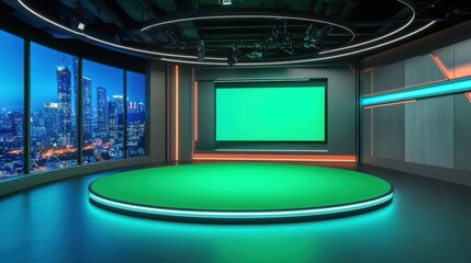 A polished virtual TV studio with a green screen, modern furniture, and a clean design that enhances the professional news broadcast feel,A polished virtual TV studio with a green screen, modern furni