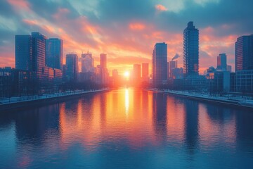 Naklejka premium Cityscape of Rochester Minnesota Riverside at Golden Hour