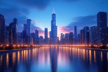 Fototapeta premium Chicago Skyline River Reflection at Blue Hour