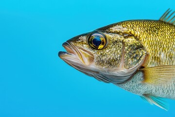 Fototapeta premium A detailed macro photograph of a fish head on a vibrant blue background