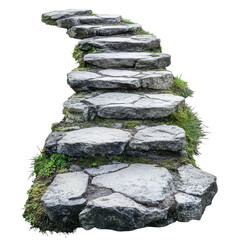Stone steps ascend a winding path lined with greenery in a serene outdoor setting, stone path with steps leading up to the top, Transparent background