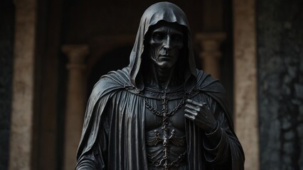 Fototapeta premium A statue of Thanatos, cloaked in black, his arms open to embrace the departed souls