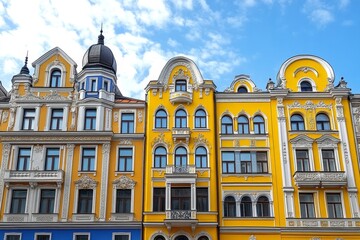 A close-up of the intricate Art Nouveau architecture in Riga, with elaborate facades and ornate details