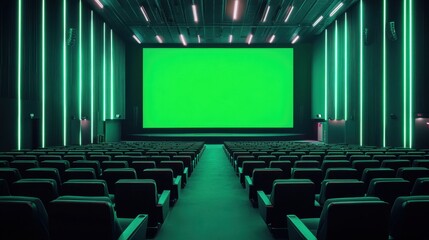 Fototapeta premium Cinema theater with a green screen, professional-grade lighting, and empty modern seats, setting the scene for a cinematic experience, A sophisticated cinema theater with a green screen backdrop, 