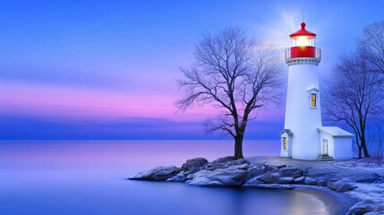 Obraz premium A coastal lighthouse beaming its bright light across the ocean during twilight
