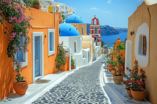 Fototapeta Colorful Greek Village Street with Sea View