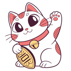 Cute maneki neko features a happy expression, raised paw, and collar with a bell. The cat holds a gold coin, symbolizing good luck and fortune, set against a clean white backdrop