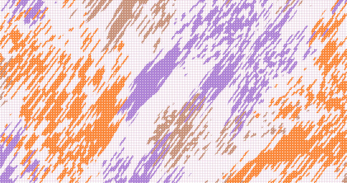 Dynamic abstract pattern with diagonal brush strokes in orange, purple, and beige tones, overlaid with white halftone dots. Colorful and modern digital art suitable for textile design