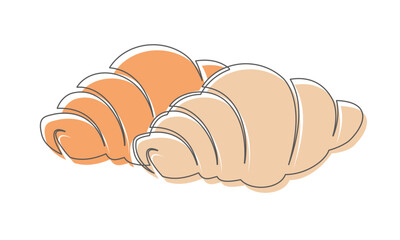 Croissants continuous one line icon isolated on white background. Bakery symbol art drawing. Croissants design outline. Editable stroke. Vector illustration