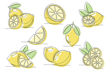 Lemon yellow continuous one line drawing set. Outline lemon citrus icon collections isolated on a white background. Editable stroke. Vector illustration
