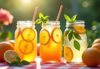 Fototapeta premium bright citrus infused refreshing liquids glass jars vibrant colors zesty flavors, lemon, orange, lime, grapefruit, beverage, drink, wedge, slice, fruit