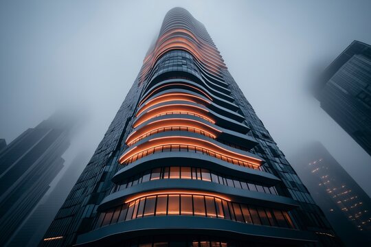 Elegant skyscraper glows softly in the mysterious fog of a bustling urban city at dusk Generative AI