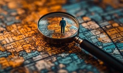 A tiny figure of a person standing on a map, observed under a magnifying glass. The map highlights continents with the person being magnified