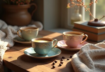 chic coffee cup pairings artfully arranged rustic wooden table elegant design cozy atmosphere, mug, latte, espresso, saucer, ceramic, fabric, workspace