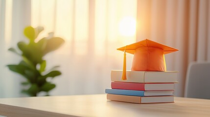 A graduation cap rests on a stack of colorful books, bathed in warm sunlight, symbolizing education and achievement.