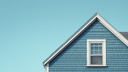 A serene blue house with a single window against a clear sky. Tranquil and peaceful.