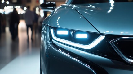 Close-up of modern car xenon headlights with sleek design and bright illumination. Advanced automotive lighting technology featuring sharp LED accents and polished exterior details