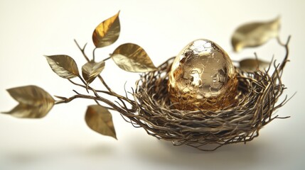 Obraz premium Golden Mosaic Egg in Twig Nest with Gilded Leaves on White