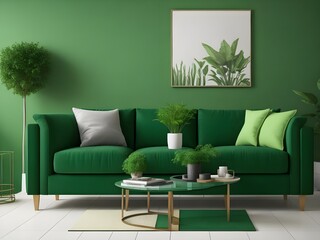 A serene living room, bathed in emerald green, exudes calm and tranquility with plush velvet sofa, lush potted plants, and a minimalist green rug.